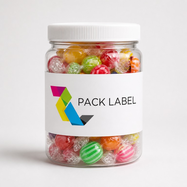 Candy jar labeled by Pack Label