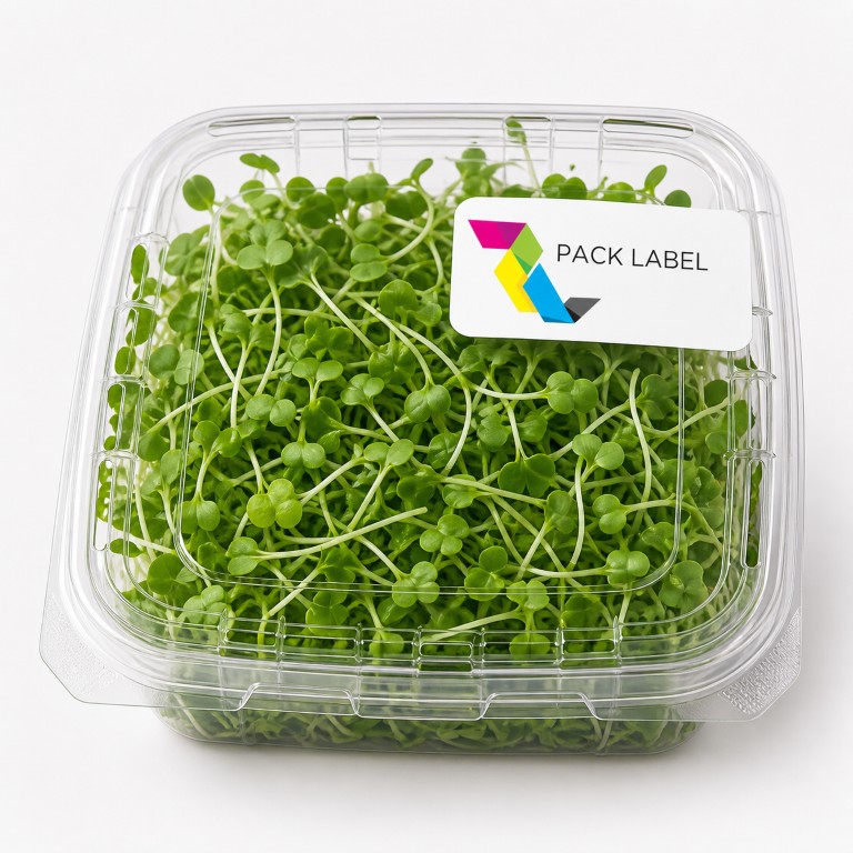 Fresh produce clamshell labeled by Pack Label