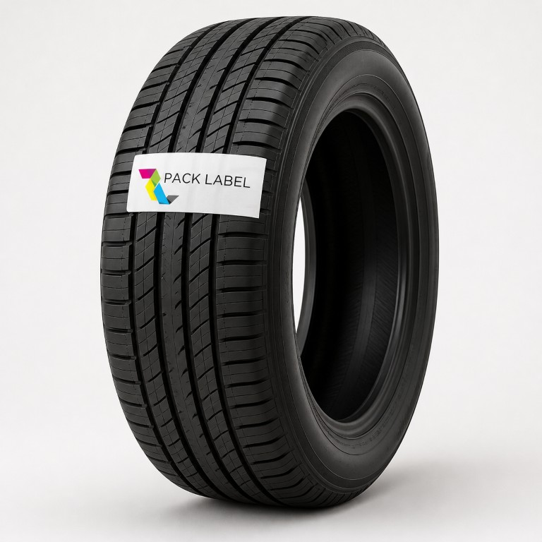 Automotive tire labeled by Pack Label