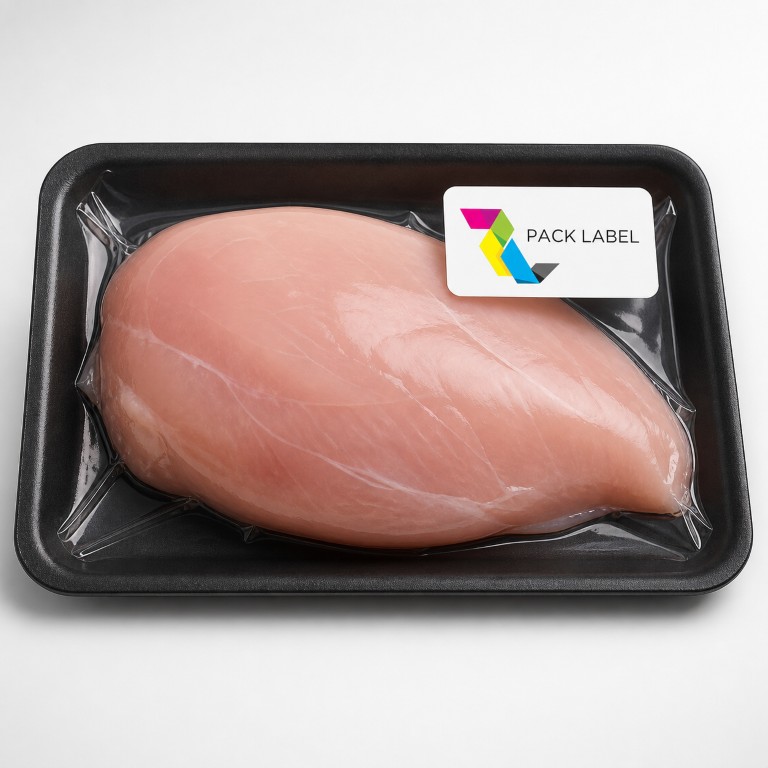 Vacuum-sealed poultry labeled by Pack Label
