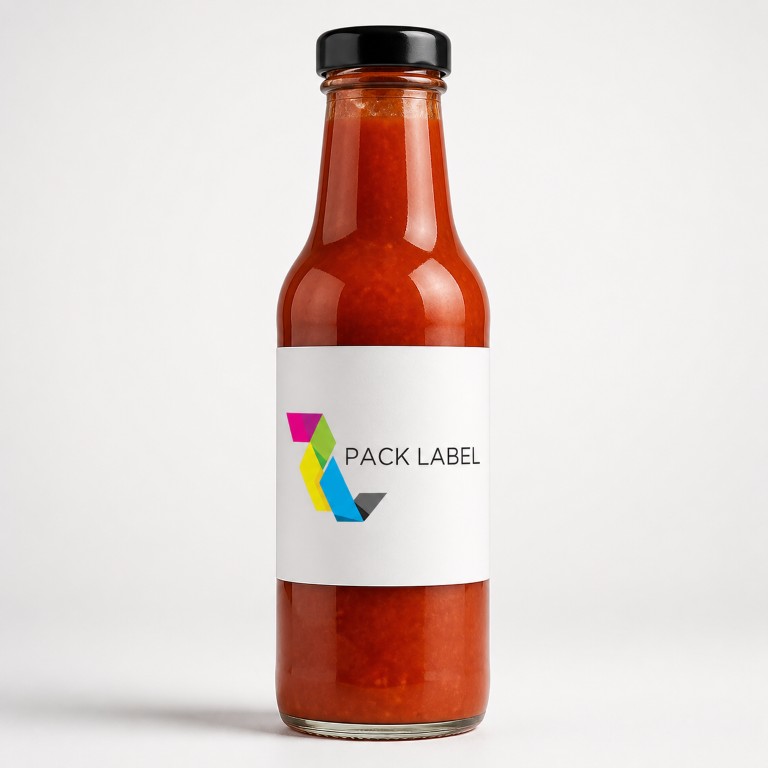 Sauce bottle labeled by Pack Label